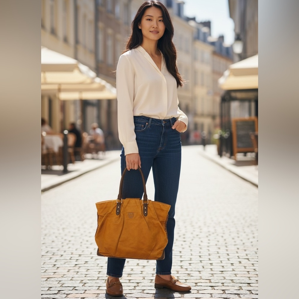 MCM Orange Leather Canvas and Brown Leather Tote Bag with COA